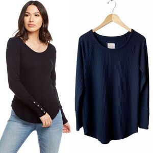 CHASER Black Thermal Waffle Knit Top Button Cuff Long Sleeve Women Large EUC